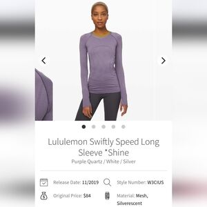 Lululemon Swiftly Shine Long Sleeve Purple Quartz Size 8